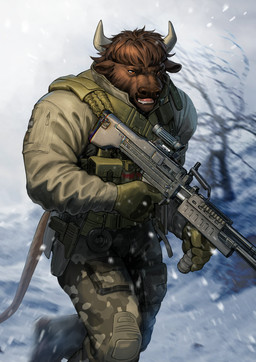 anthro brown_body brown_fur fur gun holding_gun holding_object holding_ranged_weapon holding_weapon m60 machine_gun male outside ranged_weapon snow snowstorm solo standing tactical tactical_gear tail weapon pandarita brick_(grizzlygus) bison bovid bovine mammal absurd_res hi_res