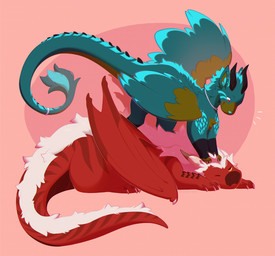 2_horns accessory ambiguous_gender claws duo feathered_wings feathers feral fur furgonomics horn jewelry looking_at_another lying membrane_(anatomy) membranous_wings multicolored_body multicolored_fur necklace on_front one_eye_closed red_body simple_background size_difference smile snout standing_on_another tail tail_accessory tail_bracelet tail_jewelry tail_tuft tuft wings shiones mythology dragon mythological_creature mythological_scalie scalie colored digital_drawing_(artwork) digital_media_(artwork) hi_res shaded