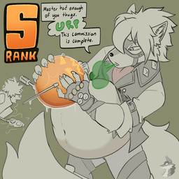 abdominal_bulge anthro armor bodily_fluids burp_cloud burping digestion dripping headgear helmet male male_pred oral_vore post_digestion saliva saliva_drip saliva_on_clothes saliva_on_clothing solo text vore weight_gain arkailart mihoyo zenless_zone_zero hollow_thug_(zzz) von_lycaon canid canine canis mammal thiren wolf 1:1 absurd_res english_text hi_res