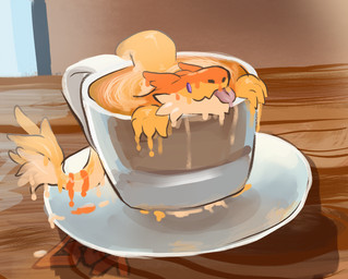 blep container cup looking_aside partially_submerged saucer smile solo tail tongue tongue_out boxofmonsters savvel sergal hi_res