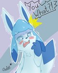 anthro blue_body blue_fur blush bodily_fluids cheek_tuft chest_tuft cute_fangs facial_tuft fangs female fur open_mouth paws shaded_face shaking shivering simple_background solo surprised surprised_expression sweat tail teeth text tuft glacefrostbite nintendo pokemon eeveelution generation_4_pokemon glaceon pokemon_(species) 4:5 hi_res