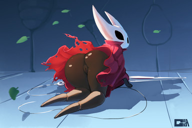 all_fours anthro big_butt black_eyes bottomless butt butt_focus clothed clothing detailed_background empty_eyes featureless_feet feet female genitals horn joints leaf looking_at_viewer looking_back mouthless on_ground rear_view robe solo vulva weapon wide_hips gekasso hollow_knight_(franchise) team_cherry hornet_(hollow_knight) arthropod insect 2020 3:2 signature