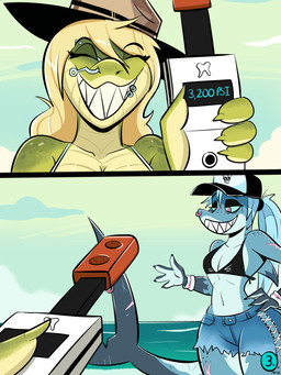 anthro beach big_breasts blonde_hair bottomwear breasts clothing denim denim_bottomwear denim_clothing denim_shorts duo eyebrow_piercing facial_piercing female flat_chested freckled_face freckled_legs freckled_shoulders freckled_thighs freckles gesture gills glass_bottle green_body green_scales grin hair hat headgear headwear hotpants navel non-mammal_breasts non-mammal_navel nose_piercing nose_ring park_ranger piercing ponytail ring_piercing scales scar sharp_teeth shorts small_breasts smile tail teeth thick_tail thick_thighs ventral_scales white_hair wide_hips wristband 49ersrule07 jawlene_(herny) crocodilian fish marine reptile scalie shark 3:4 absurd_res comic hi_res