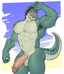anthro armpit_hair balls barazoku big_muscles big_pecs big_penis biped black_hair blush bodily_fluids body_hair foreskin front_view genital_fluids genitals glans green_body green_scales hair humanoid_genitalia humanoid_penis male muscular muscular_anthro muscular_male nude_anthro nude_male pecs penis precum pupils red_eyes scales slit_pupils solo standing tail wet kiwi_hugh alligator alligatorid crocodilian reptile scalie hi_res