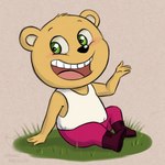 4_fingers anthro boots bottomwear clothing fingers footwear fur grass green_eyes happy male pants plant sat_down shirt shoes smile solo tank_top teeth topwear yellow_body yellow_fur adriano_berjillos unicorn_wars sonrisas_(unicorn_wars) bear mammal teddy_bear_(species) 1:1