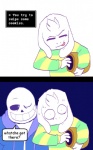 anthro bone caught_in_the_act clothed clothing dialogue duo jacket long_ears male shirt simple_background skeleton smile text topwear white_background fatz_geronimo undertale undertale_(series) asriel_dreemurr sans_(undertale) animated_skeleton boss_monster_(undertale) bovid caprine goat mammal undead english_text