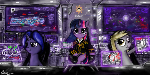 amber_eyes blonde_hair blue_hair bridge chart clothed clothing controls crossed_legs cutie_mark derp_eyes detailed_background female fur group hair hologram horn looking_at_viewer map multicolored_hair pink_hair purple_body purple_eyes purple_fur purple_hair science_fiction ship smile suit text two_tone_hair vehicle watercraft wings einik friendship_is_magic hasbro my_little_pony mythology derpy_hooves_(mlp) fan_character twilight_sparkle_(mlp) equid equine horse mammal mythological_creature mythological_equine pegasus pony unicorn 2012 absurd_res english_text hi_res