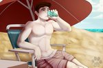 beach beverage beverage_can blue_eyes bottomwear brown_hair bulge chair clothing cloud cooler detailed_background drinking furniture hair human_only imminent_transformation male navel nipples not_furry outside potion pre-transformation sand sea seaside shorts sitting sky soda solo swimwear table transformation transformation_potion umbrella under_shade water fasttrack37d moka_(character) human mammal 2013 digital_media_(artwork) story story_in_description