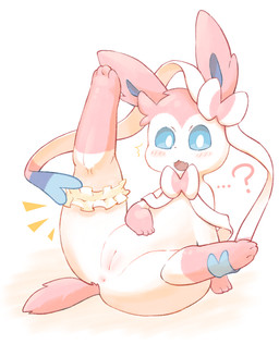 4_toes anus feet female feral genitals looking_at_viewer ornament paws pink_ears question_mark simple_background solo spread_legs spreading toes vulva white_body yelushiku nintendo pokemon eeveelution generation_6_pokemon pokemon_(species) sylveon hi_res