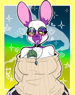 anthro big_breasts big_ears black_bottomwear black_clothing black_shorts blush bodily_fluids bottomwear breasts buckteeth clothing collar cum cum_on_face diamond_(gem) female gem genital_fluids half-closed_eyes jewelry looking_away money money_in_cleavage narrowed_eyes necklace shorts simple_background smile solo sweater teeth topwear yellow_sclera xeloartz rocio_(rocio_violeta24) lagomorph leporid mammal rabbit absurd_res hi_res