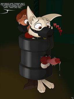animal_genitalia animal_penis balls bodily_fluids brown_eyes canine_genitalia canine_penis captured collar collar_tag cum dialogue duo erection feet female feral fur genital_fluids genitals knot knotted_penis leaking_cum male muzzle_(object) muzzled paws penis red_penis simple_background speech_bubble suspension text white_body white_fur mcfan bolt_(film) disney bolt_(bolt) penny_(bolt) canid canine canis domestic_dog german_shepherd herding_dog human mammal pastoral_dog 2024 cel_shading dated digital_drawing_(artwork) digital_media_(artwork) english_text hi_res shaded signature