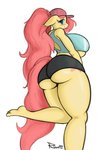 anthro anthrofied big_breasts big_butt blush bottomwear breasts butt clothing female hair hotpants pink_hair shirt shorts simple_background solo tank_top topwear white_background yellow_body nsfwronin friendship_is_magic hasbro my_little_pony fluttershy_(mlp) equid equine mammal absurd_res hi_res