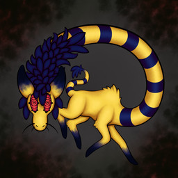 abstract_background ambiguous_gender big_eyes black_sclera blue_mane blue_markings dipstick_ears ear_markings fatty_humps featureless_feet feet feral floating fur grey_background hyper_neck leg_markings long_ears looking_at_viewer mane markings multicolored_ears quadruped red_eyes ring_(marking) side_view simple_background snout socks_(marking) solo spiral spiral_pupils tail tail_tuft thin_tail tuft whiskers yellow_body yellow_fur summerfruit nightmare_horse camelid mammal monster 2026 absurd_res digital_drawing_(artwork) digital_media_(artwork) gimp_(artwork) hi_res shaded soft_shading