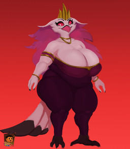 anthro armlet big_breasts big_butt bodysuit bracelet breasts butt clothing crown eyelashes female fur gold_(metal) gold_jewelry hair headgear jewelry long_eyelashes long_hair looking_sideways necklace orange_background overweight overweight_anthro overweight_female pink_eyes simple_background skinsuit smile solo standing tight_clothing white_body white_face white_fur white_hair grishnax hellaverse helluva_boss stella_(helluva_boss) anatid anseriform anserine avian avian_demon bird demon swan hi_res