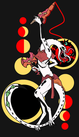 ambiguous_gender anthro axe black_markings body_horror bottomwear cape clothing crown dancing fangs forked_tongue green_eyes headgear loincloth markings melee_weapon moon scales simple_background solo sword tail_eye teeth tongue weapon white_body white_scales welcometaco cult_of_the_lamb massive_monster_(studio) the_fanatic_(cult_of_the_lamb) reptile scalie snake hi_res
