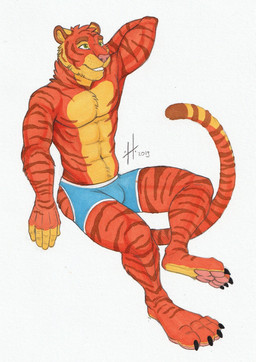anthro athletic athletic_anthro athletic_male blue_bottomwear blue_clothing bottomwear bulge cheek_tuft chest_tuft clothed clothing facial_markings facial_tuft fur green_eyes hand_behind_head head_markings head_tuft male male_anthro markings navel pecs pink_nose red_body red_fur simple_background sitting smile solo striped_arms striped_body striped_face striped_fur striped_legs striped_markings striped_tail stripes tail tail_markings topless tuft white_background yellow_body yellow_fur hufnaar felid mammal pantherine tiger 2019 dated hi_res traditional_media_(artwork)