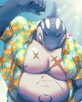 aloha_shirt anthro beach body_scars bottomwear claws clothed clothing countershade_torso countershading finger_claws heart_symbol male musclegut muscular muscular_arms muscular_male navel nipples open_clothing open_shirt open_topwear pattern_clothing pattern_shirt pattern_topwear red_eyes seaside shark_fin shark_teeth shirt shorts soft_abs solo sun topwear crazy_sll lifewonders tokyo_afterschool_summoners typhon_(tas) cetacean dolphin fish mammal marine oceanic_dolphin orca shark toothed_whale hi_res