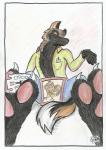 anthro black_body black_fur clothed clothing fur humor looking_at_viewer male paws smile solo young razor-the-cross-fox avian bird canid canine chicken cross_fox fox galliform gallus_(genus) mammal phasianid red_fox true_fox 2015 hi_res traditional_media_(artwork)