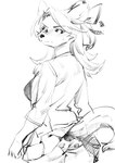 2018 accessory annoyed anthro aruurara bodily_fluids bottomwear butt camisole canid canine clothed clothing female freesia_(aruurara) frown hair hair_accessory hair_ribbon hi_res kemono long_hair long_sleeve_shirt looking_at_viewer mammal monochrome open_clothing open_shirt open_topwear panties pleated_skirt raised_tail rear_view ribbons scowl shirt simple_background sketch skirt solo sweat sweatdrop tail topwear turning underwear wardrobe_malfunction white_background