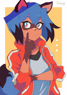 anthro black_body black_fur black_hair black_nose blue_body blue_eyes blue_fur blue_hair breasts brown_body brown_fur clothed clothing female fully_clothed fur hair jacket multicolored_body multicolored_eyes multicolored_fur multicolored_hair open_clothing open_jacket open_topwear pink_eyes solo thinking thoughtful_expression topwear darahan brand_new_animal studio_trigger michiru_kagemori canid canine mammal raccoon_dog tanuki