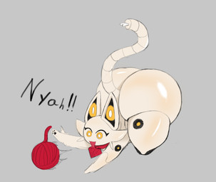ambiguous_gender ball_of_yarn big_butt black_text butt exclamation_point eyelashes feral grey_background machine nya open_mouth open_smile pawpads paws pupils quadruped simple_background smile solo tail text white_pupils yarn yellow_eyes mamimibuns felid feline mammal robot 2025 english_text