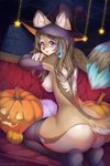 anthro areola blue_eyes blush breasts butt clothing eyelashes female food fruit furniture hat headgear headwear holidays inside jack-o'-lantern looking_at_viewer looking_back looking_back_at_viewer nipples on_sofa open_mouth pillow pink_areola pink_nipples plant pumpkin rear_view sofa solo text witch_hat tekahika halloween echo_(echoic) canid canine canis mammal wolf 2:3 digital_media_(artwork) hi_res shaded soft_shading url