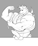 anthro balls barazoku biceps big_muscles bottomless clothed clothing erection flexing genitals grey_background hair horn huge_muscles humanoid_genitalia humanoid_penis male muscular muscular_anthro muscular_male penis shirt simple_background solo tank_top topwear vein kajy mammal 2020 5:6 absurd_res greyscale hi_res monochrome