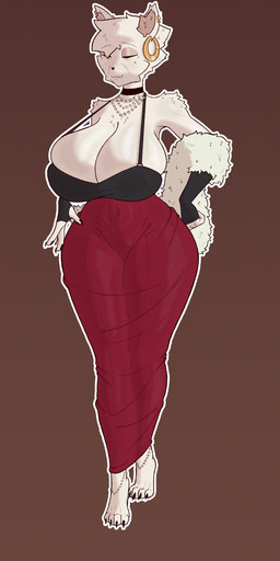 anthro armwear big_breasts big_butt breasts butt choker claws clothed clothing collar dress ear_piercing ear_ring fancy_clothing female fluffy huge_breasts jewelry mature_female necklace paws piercing ring_piercing shoulderless_topwear skimpy_dress solo thick_thighs toe_claws wide_hips champaanimation linda_(champaanimation) felid feline mammal absurd_res hi_res