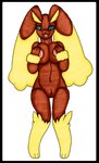3_fingers 3_toes after_transformation anthro big_breasts black_border black_nose black_sclera blue_eyes border breast_squish breasts brown_body brown_fur buckteeth cuff_(restraint) erect_nipples eyebrows eyelashes feet female fingers front_view fur generation_4_pokemon genitals hand_on_breast huge_breasts ivanks knock-kneed lagomorph long_ears long_eyebrows looking_down_at_self looking_pleasured lopunny mammal navel nintendo nipples nude open_mouth paws pokemon pokemon_(species) pokemorph pupils pussy restraints silicon_studio simple_background solo species_transformation square_enix squish standing teeth thick_thighs toes tongue transformation white_background wrist_cuffs wrist_fluff yellow_body yellow_fur