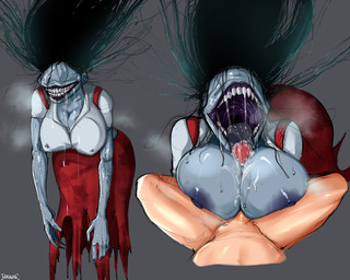 areola black_hair blue_areola blue_body blue_skin bodily_fluids breast_play breast_sex breasts clothing dress duo eyeless fellatio female gaping_mouth genitals hair horror_(theme) human_penetrating large_tongue light-skinned_male long_hair male male/female messy_hair nails nipples open_mouth oral paizufella penetration penile penis purple_gums red_clothing red_dress saliva saliva_on_penis saliva_on_tongue sex sharp_nails sharp_teeth shirt smile teeth titfuck titfuck_fellatio tongue tongue_out topwear white_clothing white_shirt white_topwear hikinks asian_mythology east_asian_mythology ghostwire:_tokyo japanese_mythology mythology lamentation_(ghostwire:_tokyo) ghost human humanoid mammal monster monstrous_humanoid spirit yokai 2022 5:4 better_version_at_source hi_res