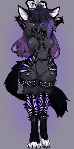 4_toes 5_fingers anthro areola barbell_piercing biped bound breasts cheek_tuft claws collar countershade_fur countershade_torso countershading digitigrade ear_piercing facial_tuft feet female finger_claws fingers front_view fur gauged_ear genitals grey_body grey_fur hair handpaw harness huge_thighs humanoid_genitalia humanoid_vulva inner_ear_fluff innie_vulva looking_aside navel nipple_barbell nipple_piercing nipples nude nude_anthro nude_female paws piercing purple_eyes purple_hair purple_tail simple_background small_waist solo standing tail thick_thighs toe_claws toes tuft vulva wide_hips cocoline_(artist) cocoline canid canine canis mammal wolf 2025 absurd_res colored digital_drawing_(artwork) digital_media_(artwork) full-length_portrait hi_res portrait