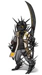 alternate_species amber_eyes black_body black_clothing black_hair black_sclera black_shirt black_topwear body_spikes bottomwear clothing digitigrade hair holding_melee_weapon holding_object holding_sword holding_weapon jacket male melee_weapon pants shirt simple_background solo standing sword topwear weapon white_background lexx2dot0 arknights hypergryph studio_montagne thorns_(arknights) species_request 2021 absurd_res hi_res