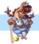 anthro baseball_uniform blue_clothing braces breasts clothed clothing female pigtails short_stack simple_background smile solo sportswear under_boob uniform sillysilly chicken_little_(2005) disney foxy_loxy_(2005) canid canine fox mammal hi_res