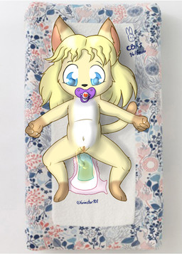 anthro blonde_hair blue_eyes bodily_fluids clothing diaper female flat_chested genital_fluids genitals hair loli nude open_diaper pacifier peeing solo spread_legs spreading toddler unclean_diaper urine used_diaper vulva wet_diaper wetting young young_anthro conejoblanco domestic_cat felid feline felis mammal hi_res