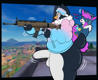 anthro balls beak big_butt black_body black_feathers blue_clothing blue_jacket blue_topwear bottomless butt clothed clothing dialogue duo erection eyewear eyewear_on_head feathers foreskin fur genitals glans goggles goggles_on_head gun hair holding_gun holding_object holding_ranged_weapon holding_weapon huge_butt huge_thighs humanoid_genitalia humanoid_penis jacket looking_at_another looking_down male motion_lines narrowed_eyes open_mouth orange_beak overweight overweight_anthro overweight_male penis pink_clothing pink_glans pink_jacket pink_topwear purple_body purple_fur purple_hair ranged_weapon ring screencap screencap_background side_view squint text thick_penis thick_thighs tongue tongue_out topwear weapon white_balls white_body white_feathers white_penis grape_ad epic_games fortnite dj_bop pingwin_(fortnite) alpaca avian bird camelid mammal penguin 2025 absurd_res english_text hi_res