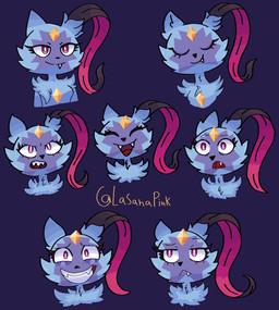 blue_body blue_fur eyes_closed female fur multicolored_body multicolored_fur purple_eyes reactions smile solo surprised lasanapink nintendo pokemon generation_8_pokemon pokemon_(species) sneasler hi_res