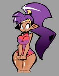 bare_shoulders blue_eyes bottomless breasts brown_body brown_skin clothed clothing covering covering_crotch female hair humanoid_pointy_ears long_hair not_furry open_mouth pointy_ears ponytail purple_hair shirt shirt_only simple_background solo topwear topwear_only eks-out shantae_(series) wayforward shantae genie humanoid mammal 2023 absurd_res hi_res