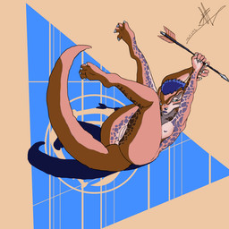 anthro arrow_(weapon) breasts butt desert female genitals green_eyes haj_jeke nude orange_body pose ranged_weapon solo spread_legs spreading vulva weapon foxmelra microsoft the_elder_scrolls hajjeke argonian scalie 1:1 2022 dated