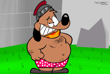 anthro armor belly boxers_(clothing) brown_body brown_fur clothed clothing fur grin headgear helmet male navel nipples overweight smile solo topless topless_anthro topless_male underwear bohbot2002 puppy_guard russell_(puppy_guard) canid canine canis domestic_dog mammal hi_res