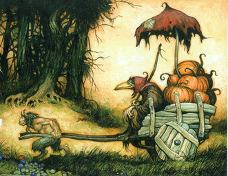 anthro beak clothing duo flower food forest fruit grass hat headgear headwear holding_object holding_staff horn male muscular muscular_male outside plant pumpkin red_clothing red_hat red_headwear sitting smile staff tree umbrella vehicle wagon larry_macdougall avian bird corvid humanoid oscine passerine satyr traditional_media_(artwork)