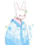 angry anthro blue_clothing blue_jacket blue_topwear blush blush_lines clothing fur jacket male solo sprout_(plant) topwear white_body white_fur bunonthemoon lagomorph leporid mammal rabbit 2023