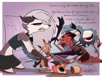 anthro beak beverage bottomwear clothed clothing coffee coffee_mug container cup dialogue fainted female group hair half-closed_eyes holding_another horn humor kneeling male narrowed_eyes not_furry open_mouth red_body red_eyes red_sclera shirt size_difference spilled_coffee spilled_drink striped_horn stripes tail text toddler tongue tongue_out topwear young young_anthro young_male atimon hellaverse helluva_boss mythology blitzo_(helluva_boss) loona_(helluva_boss) stolas_(helluva_boss) avian bird canid canid_demon canine demon hellhound horned_humanoid humanoid hybrid imp mammal mythological_canine mythological_creature owl owl_demon digital_media_(artwork) english_text