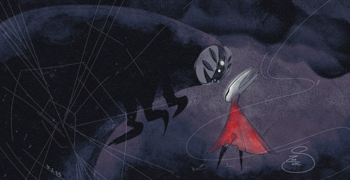 2_horns ambiguous_gender biped black_body black_eyes cloak clothed clothing duo empty_eyes horn looking_at_another mask red_cloak red_clothing sharp_teeth standing teeth thread zonatelol hollow_knight_(franchise) team_cherry hornet_(hollow_knight) midwife_(hollow_knight) arthropod 2025 absurd_res hi_res signature female_(lore)