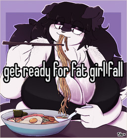 anthro bedroom_eyes big_breasts bodily_fluids breasts chubby_cheeks eating eyelashes female food freckles huge_breasts narrowed_eyes neck_tuft noodles overweight overweight_anthro overweight_female ramen seductive slightly_chubby solo sweat sweaty_breasts text tuft lewdcoalpuff angela_(spellcasterrr) border_collie canid canine canis collie domestic_dog herding_dog mammal pastoral_dog sheepdog trans_(lore)