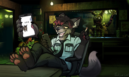 anthro black_hair black_nose cellphone cheek_tuft cigarette clothed clothing duo electronics facial_tuft fur grey_body grey_fur hair holding_cellphone holding_cigarette holding_object holding_phone holding_smartphone male male_anthro narrowed_eyes open_mouth open_smile pawpads phone purple_eyes red_hair red_pawpads short_hair sitting smartphone smile solo_focus tuft yellow_sclera acidic five_nights_at_freddy's five_nights_at_freddy's_3 scottgames springtrap_(fnaf) canid canine mammal 5:3 signature