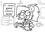 anthro ceiling_lamp crate crowbar dialogue female hair hev_suit holding_crowbar humor lamp ponytail smile solo speech_bubble tools buxy half-life valve mammal rodent sciurid tree_squirrel 2024 black_and_white monochrome sketch