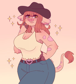 2_horns 4_fingers anthro arm_tuft bangs belt belt_buckle big_breasts black_belt black_clothing black_fingers black_hat black_headwear blue_bottomwear blue_clothing blue_pants blush blush_lines bottomwear breasts brown_hair brown_tail brown_tail_tuft buckle cheek_tuft cleavage closed_smile clothed clothed_anthro clothed_female clothing cowboy_hat cowgirl_outfit curvy_figure ear_piercing ear_ring elbow_tuft eyelashes eyelashes_through_hair facial_tuft female female_anthro fingers fully_clothed fully_clothed_anthro fully_clothed_female fur fur_markings green_eyes green_pupils hair hand_on_hip hand_on_own_hip happy hat headgear headwear heart_buckle hooved_fingers hooves horn huge_thighs light long_hair markings mouth_closed multicolored_body multicolored_fur pants piercing pink_background pink_inner_ear pink_markings pink_snout pockets pupils red_fingers ring_piercing shirt simple_background smile solo sparkles tail tail_markings tail_tuft tan_body tan_clothing tan_fur tan_shirt tan_tank_top tan_topwear tank_top text thick_thighs topwear translucent translucent_hair tuft two_tone_tail wide_hipped_anthro wide_hipped_female yellow_horn suzeart cow_(suzeart) bovid bovine cattle mammal 2025 artist_name colored digital_drawing_(artwork) digital_media_(artwork) english_description hi_res lighting portrait shaded three-quarter_portrait