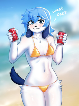 anthro bikini blue_eyes blue_hair blush breasts clothing female fur gold_bikini hair looking_at_viewer navel small_breasts smile solo swimwear tail two-piece_swimsuit white_body white_fur cheems_gin microwave_(artist) dr_pepper golden_week powa_(cheems_gin) canid canine mammal 2026 absurd_res hi_res portrait three-quarter_portrait