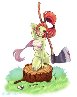 accessory axe bandage blood bodily_fluids ear_piercing female field flower gift green_body hair hair_accessory hair_tie long_hair melee_weapon monster_girl_(genre) orange_hair piercing plant pupils red_hair scar slit_pupils solo tree_stump weapon allanel goblin humanoid hi_res