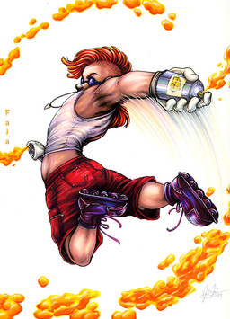 action_pose black_nose bottomwear cheese clothing dairy_products eyewear food footwear gloves handwear inline_skates jewelry male midriff mohawk motion_lines necklace pendant pose prismacolor purple_skates red_bottomwear red_clothing red_shorts roller_skates shorts side_view solo spray_can spray_cheese spraying sunglasses white_clothing white_gloves white_handwear white_sleeveless_shirt princefala disney goof_troop robert_zimmeruski canid canine canis domestic_dog mammal 2004 charcoal_(artwork) marker_(artwork) pen_(artwork) traditional_media_(artwork)
